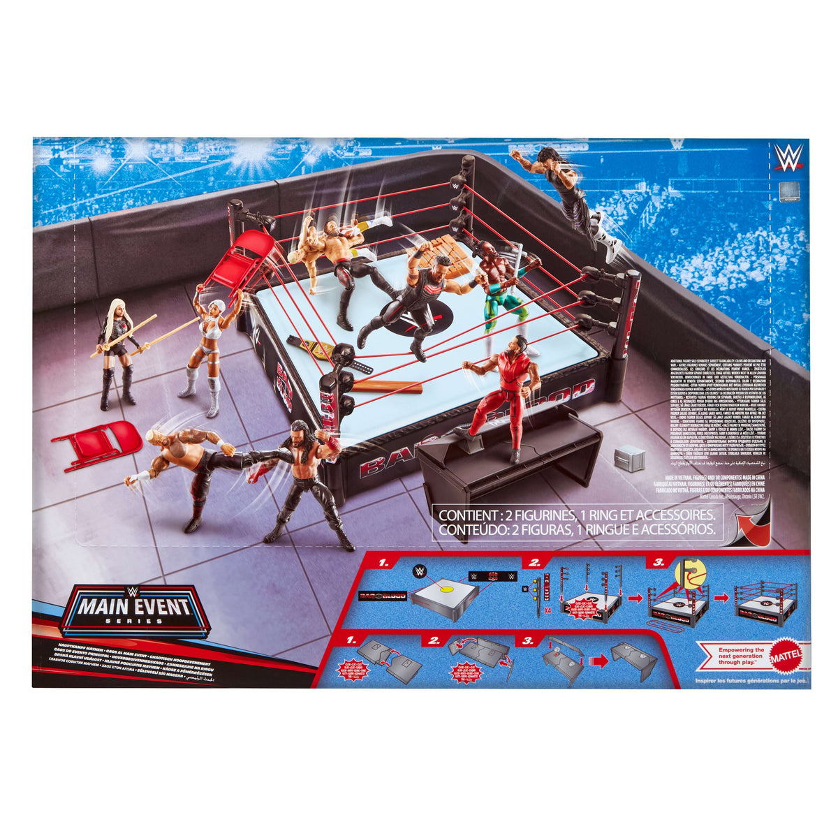 WWE Main EVent Mayhem Playset With 2 Action Figures, Exclusive Ring & Table, Plus 10 Accessories