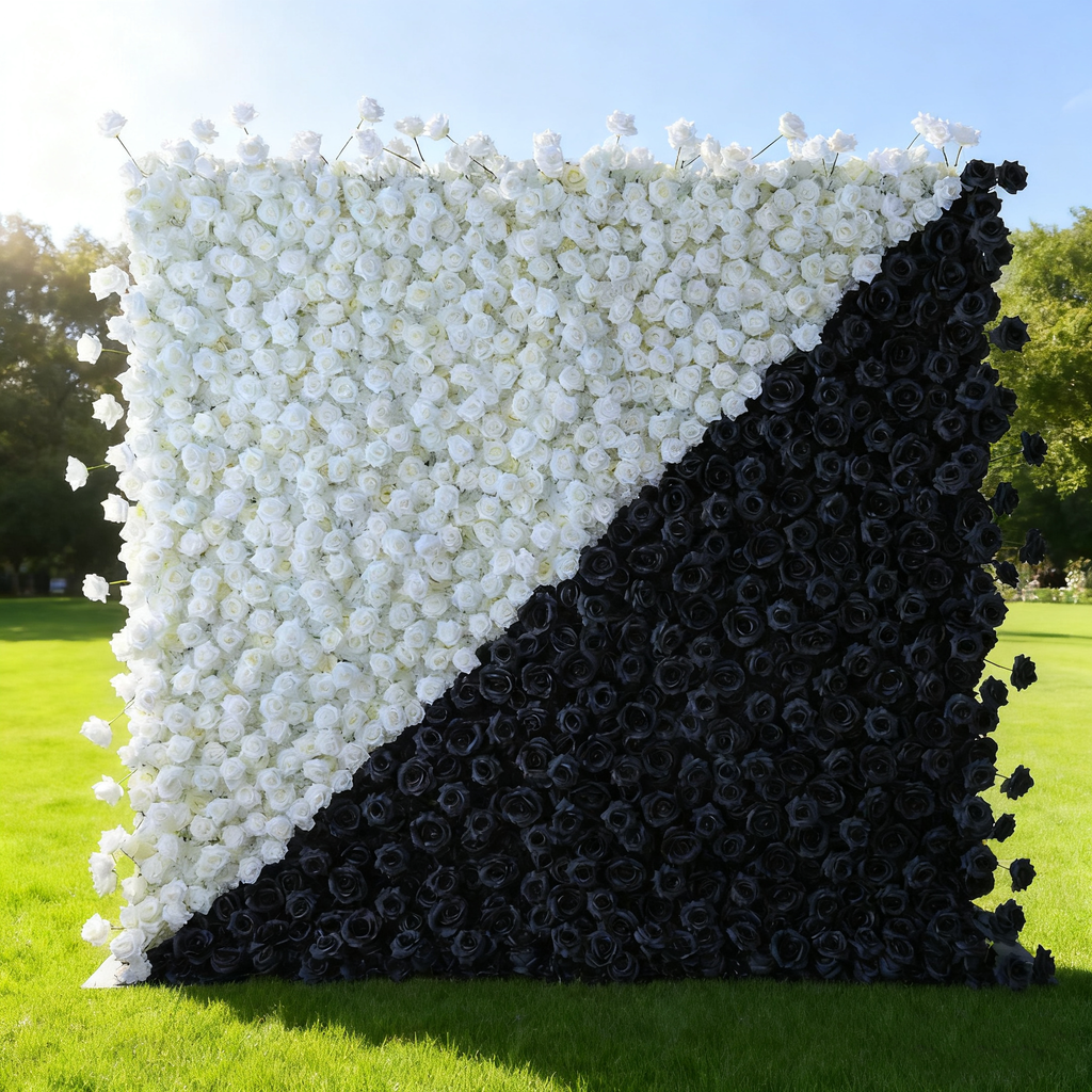 Dramatic Diagonal Split Black and White Artificial Floral Roll - Up Fabric Backdrop: A Must - Have for Prom. Graduation Party. and Event Photography - VF - 554