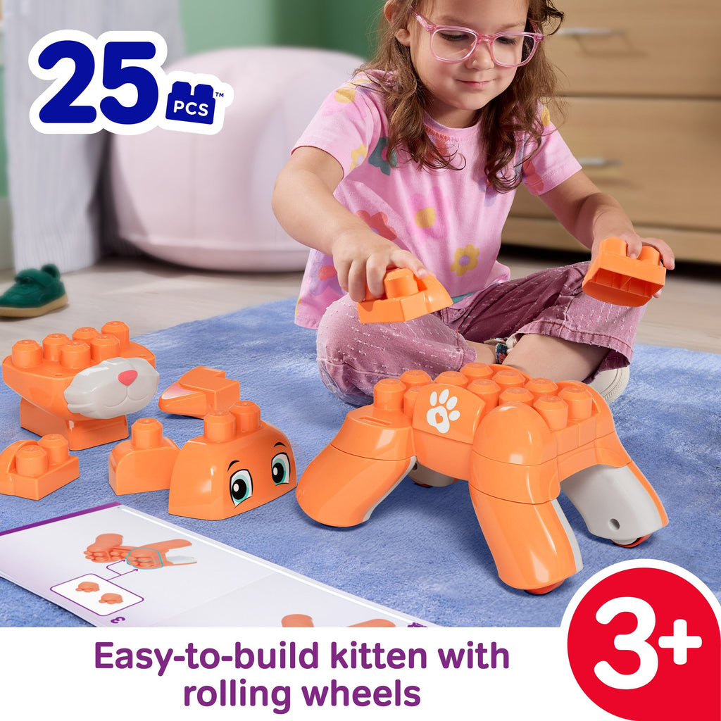 MEGA BLOKS Fisher-Price Rolling Kitten Block Toy With Rolling Wheels (25 Pieces) For Kids