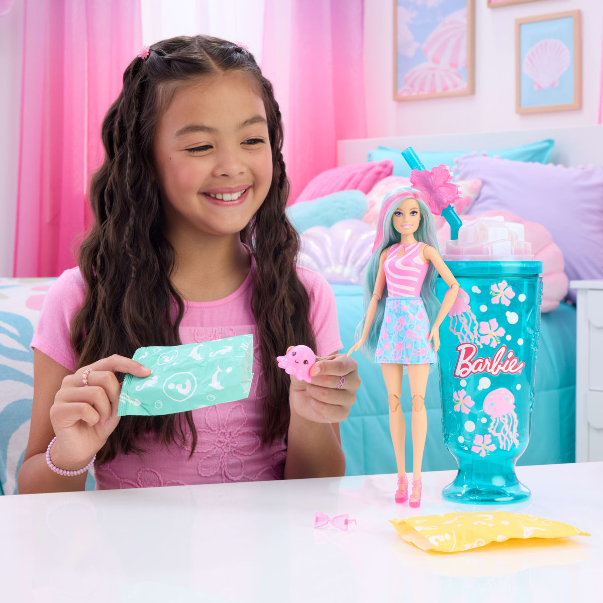 Barbie Pop Reveal Doll & Accessories, Sea Slushy Series Fashion Doll, Pet, Slime & Color Change
