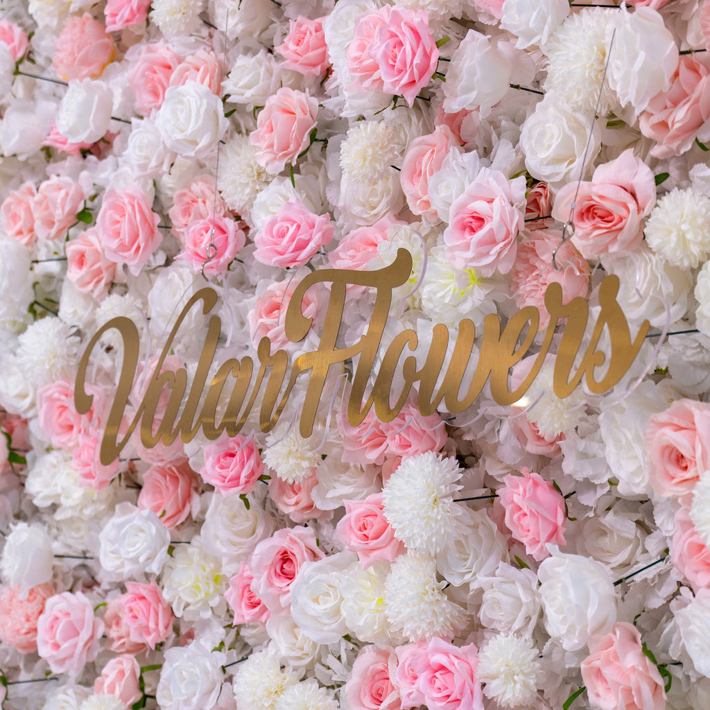 Valar Flowers' Exquisite Flower Wall: A Blend of Elegance and Durability with Soft Pink and White Artificial Blooms. Ideal for Weddings and Events. Easy Setup-VF-409