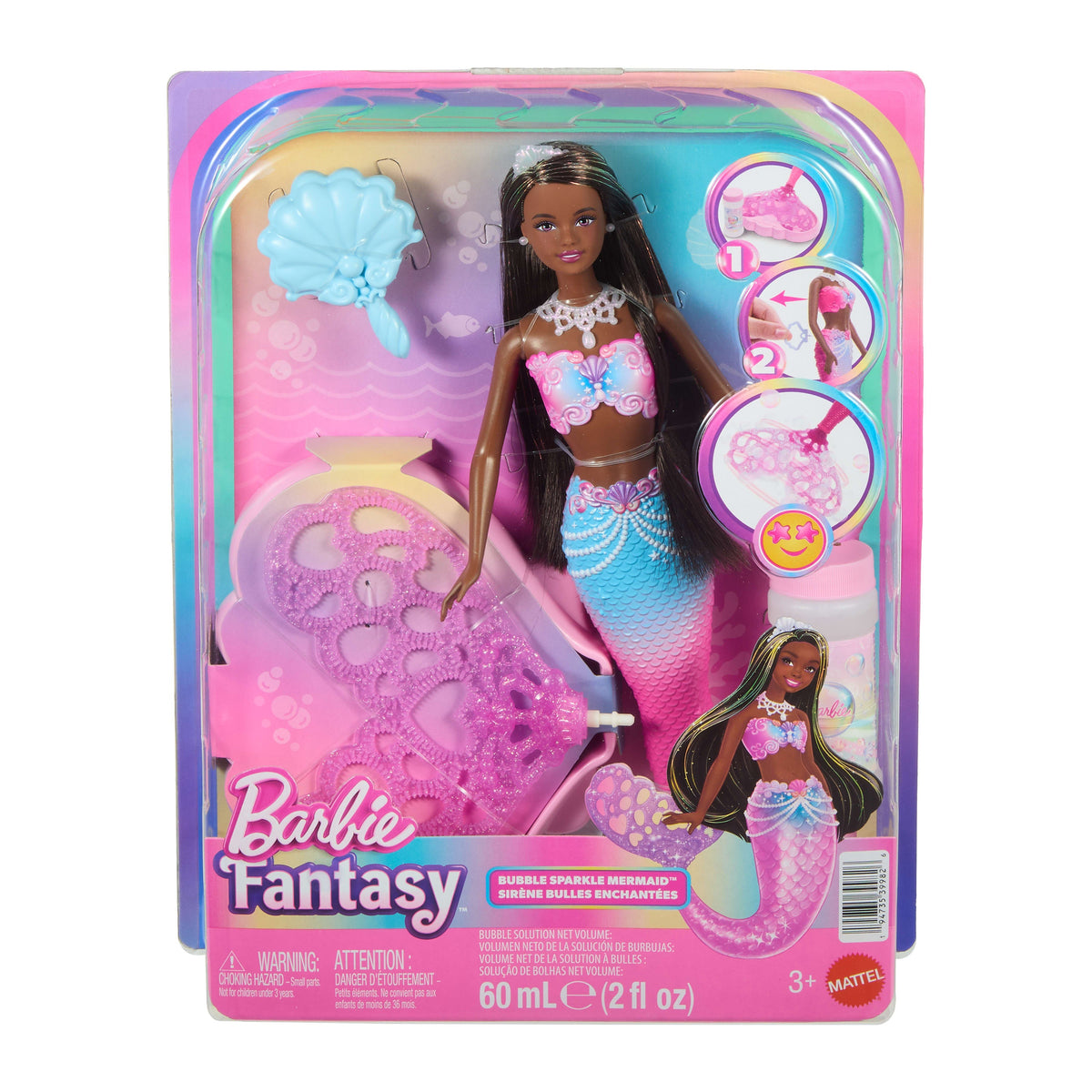 Barbie Bubble Sparkle Mermaid Doll With Bubble-Making Feature, Includes Bubble Solution & Hairbrush