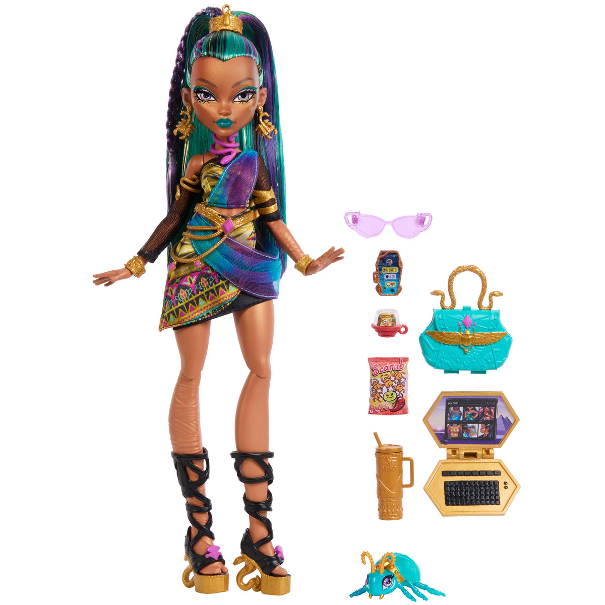 Monster High Nefera De Nile Doll With Pet Scarab Lavish And 7 Accessories Like Purse And Snacks