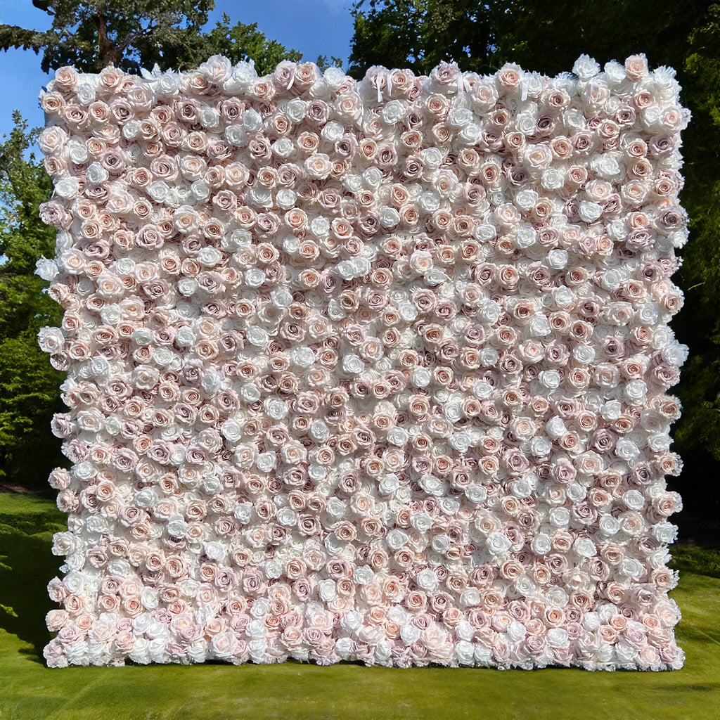 Elegant White & Light Pink Flower Wall Backdrop - Roll-Up Fabric Wall - Bridal Party Decor - Wedding Venues Celebration Floral Wall-VF-600
