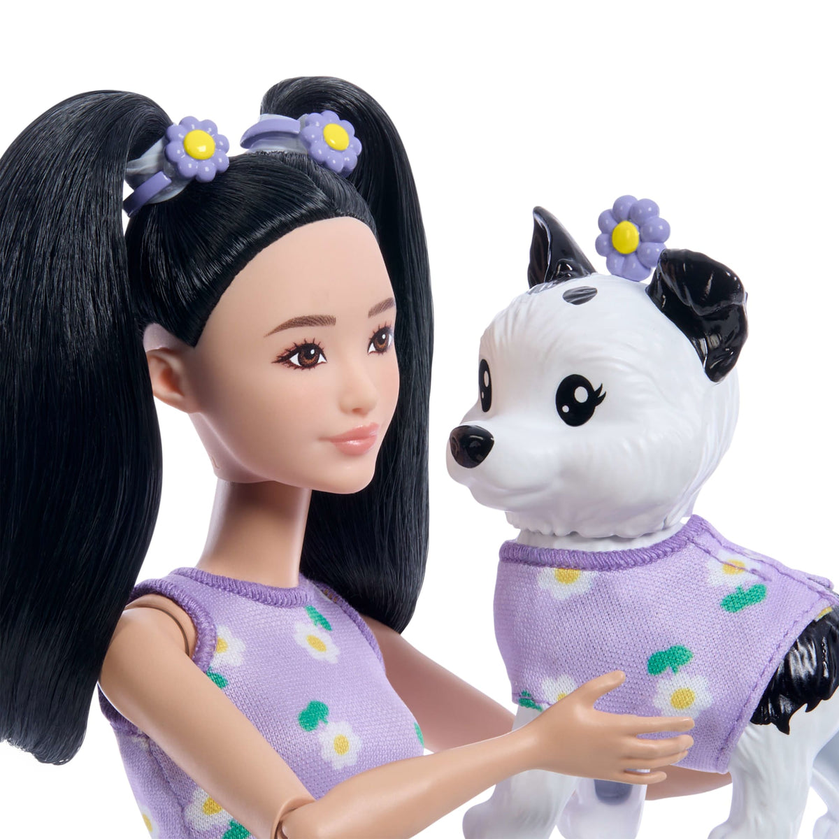 Barbie Twinning Looks Fashion Doll With Pet Dog, Matching Purple Clothes & Accessories, Black Hair