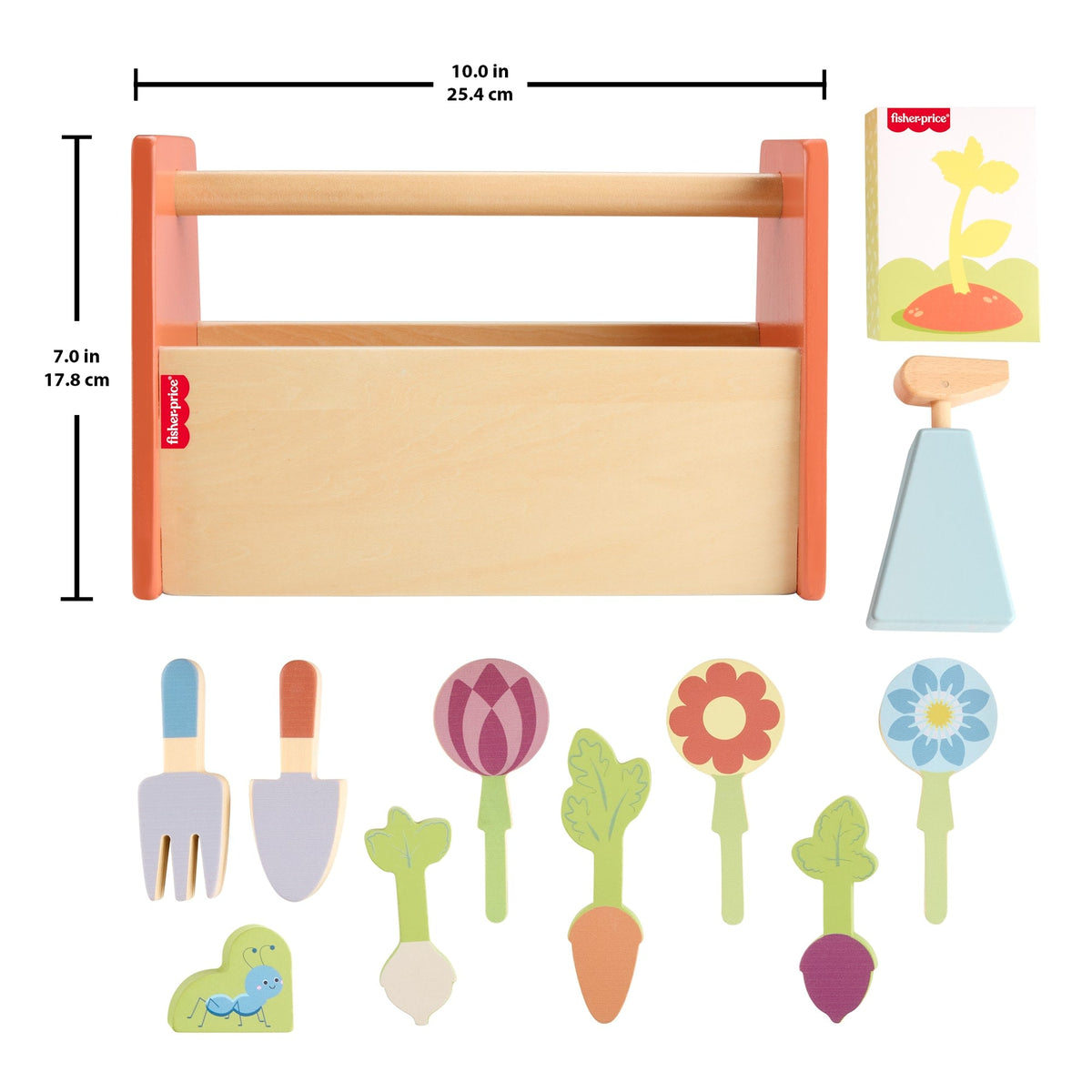 Fisher-Price Tiny Garden Wooden Garden Caddy Pretend Play Set With Tools For Kids, 12 Wood Pieces