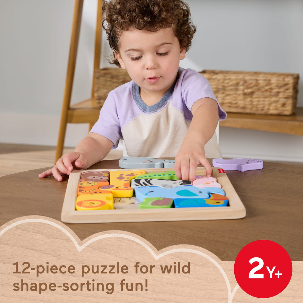 Fisher-Price Wooden Animal Puzzle, Shape-Sorting Activity For Kids, 12 Wood Blocks