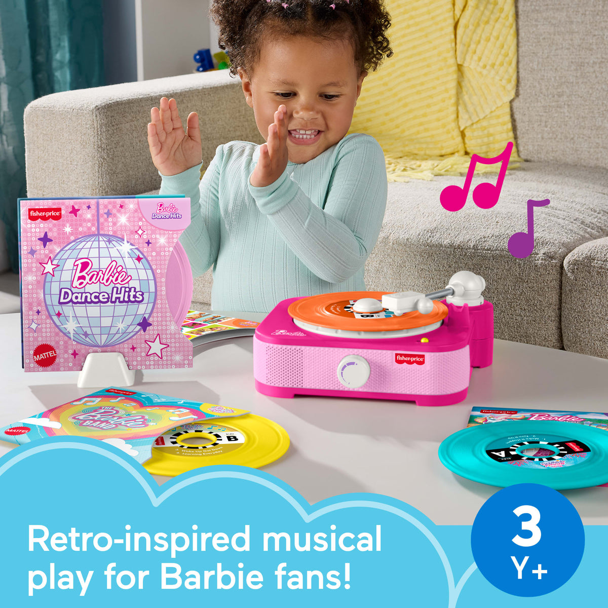 Fisher-Price Barbie Record Player Musical Toy For Preschool Pretend Play, 5 Records & Display Rack