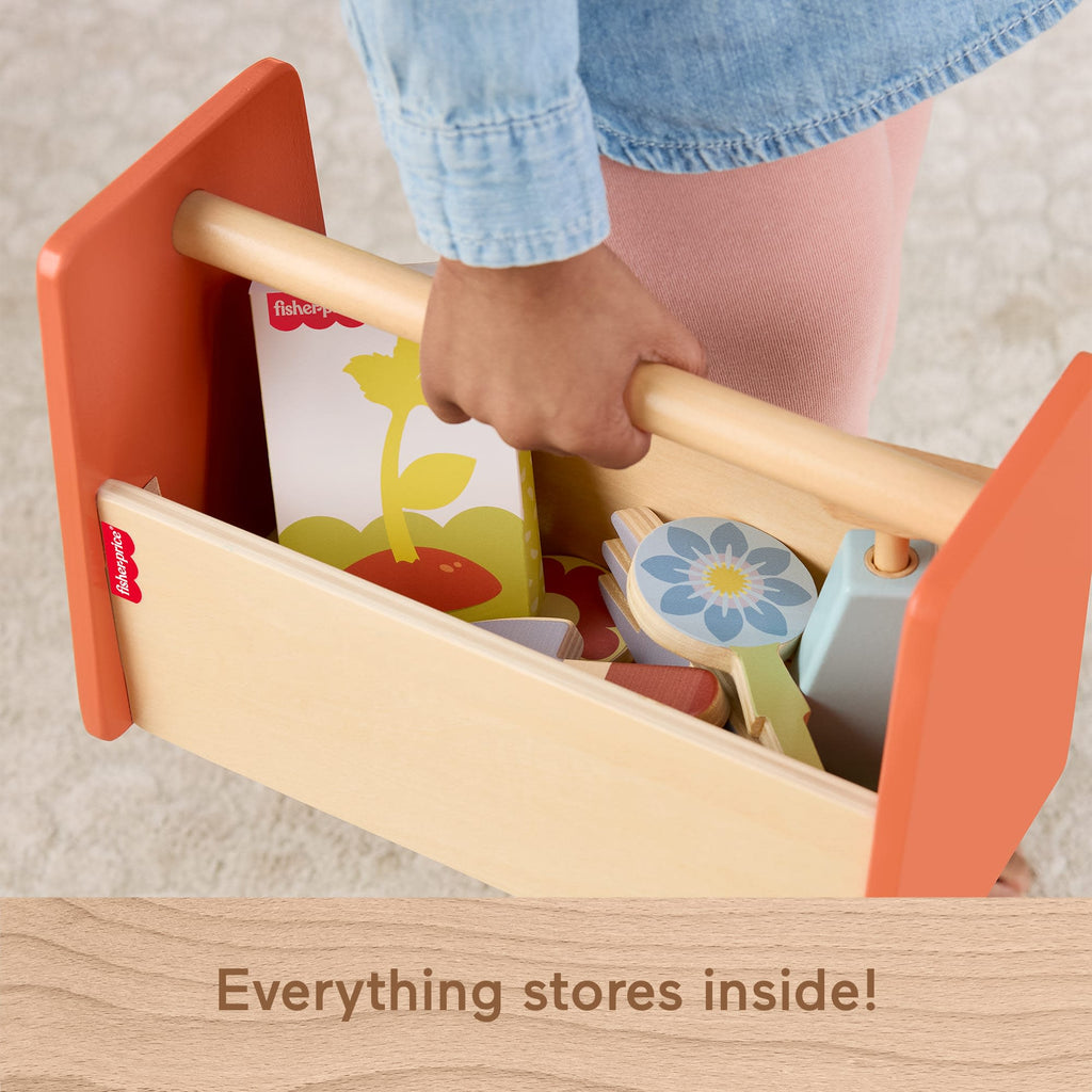 Fisher-Price Tiny Garden Wooden Garden Caddy Pretend Play Set With Tools For Kids, 12 Wood Pieces