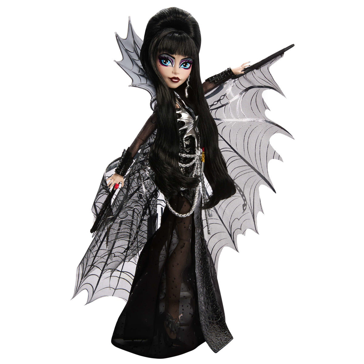 Monster High Elvira Collector Doll in Black Faux Leather Dress With Silvery Cape And Accessories