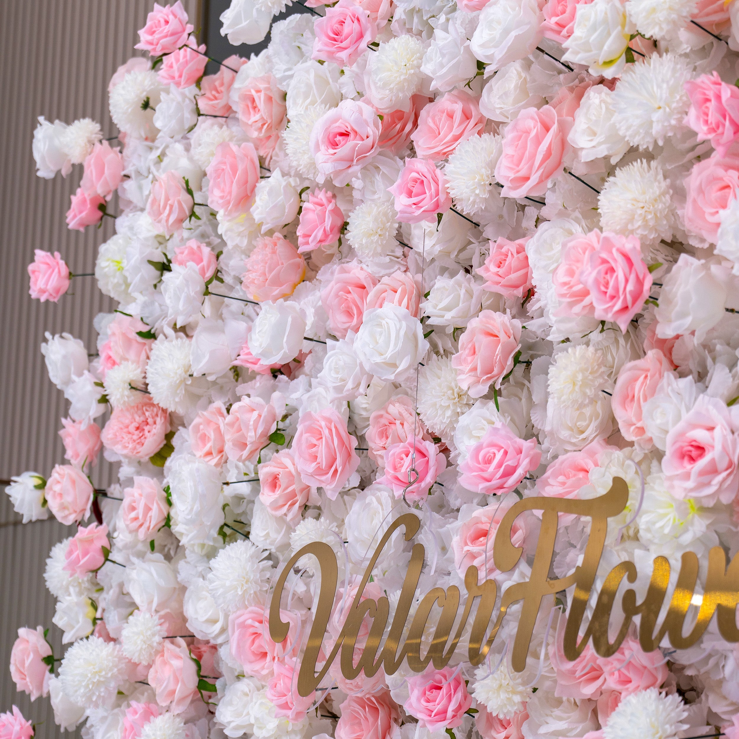 Valar Flowers' Exquisite Flower Wall: A Blend of Elegance and Durability with Soft Pink and White Artificial Blooms. Ideal for Weddings and Events. Easy Setup-VF-409