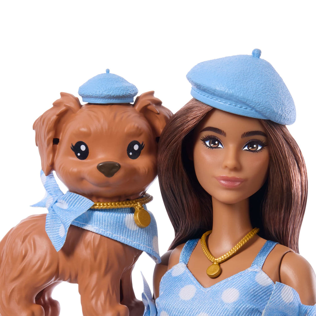 Barbie Twinning Looks Fashion Doll With Pet Dog, Matching Blue Clothes & Accessories, Brunette