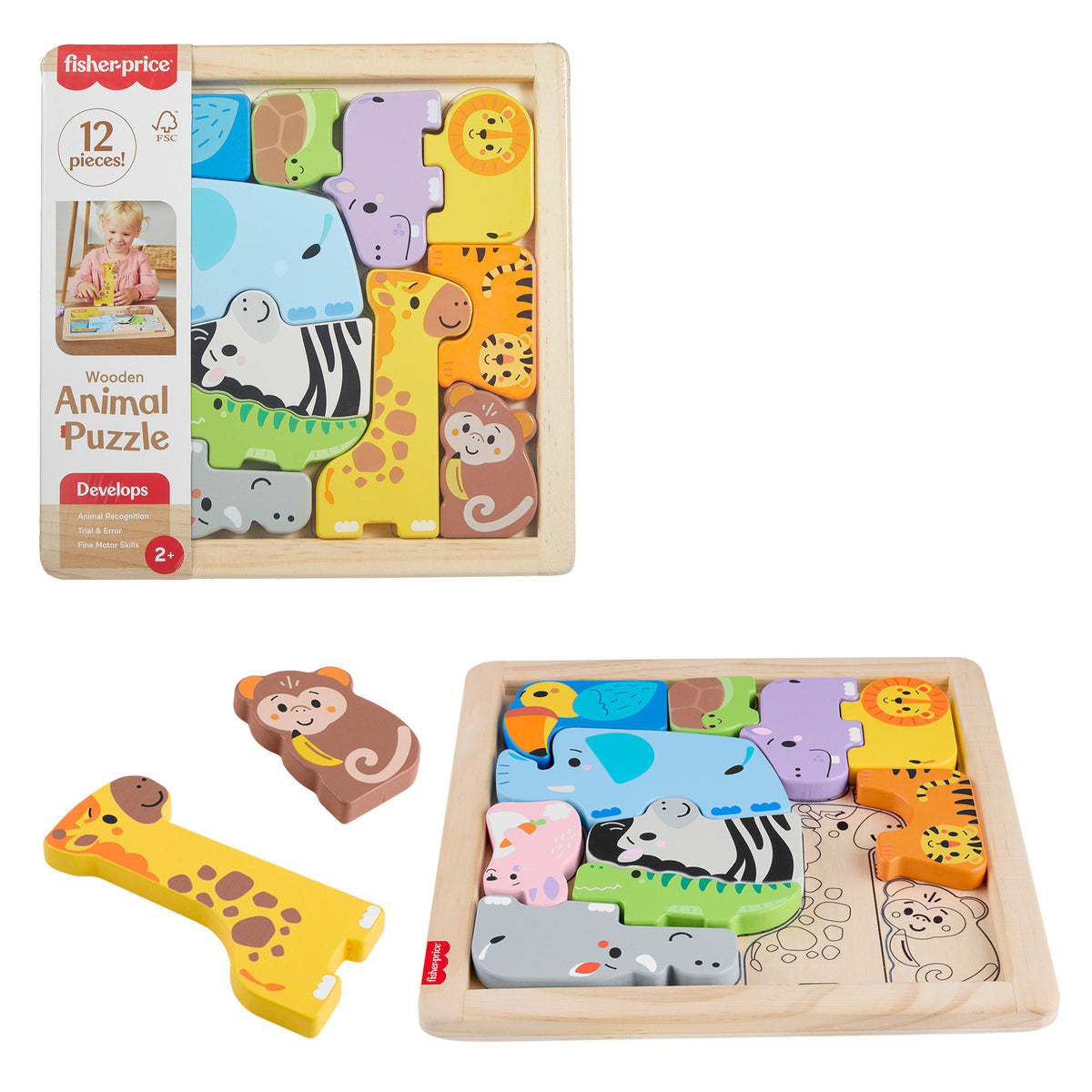 Fisher-Price Wooden Animal Puzzle, Shape-Sorting Activity For Kids, 12 Wood Blocks
