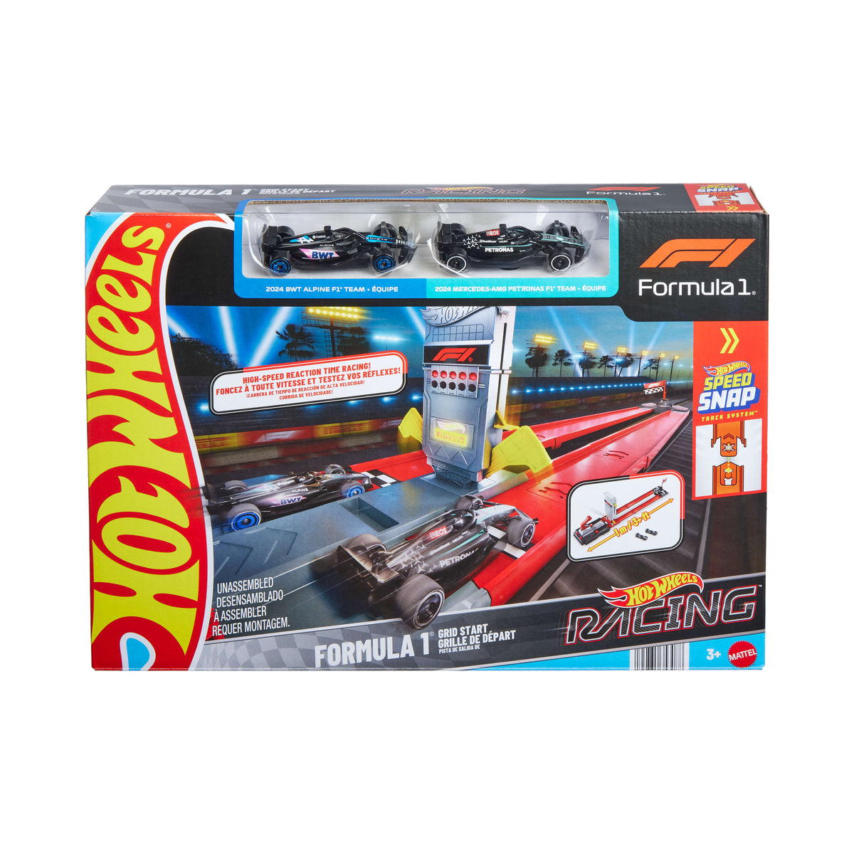 Hot Wheels Racing Formula 1 Grid Start Track Set & 2 Die-Cast F1 Cars in 1:64 Scale