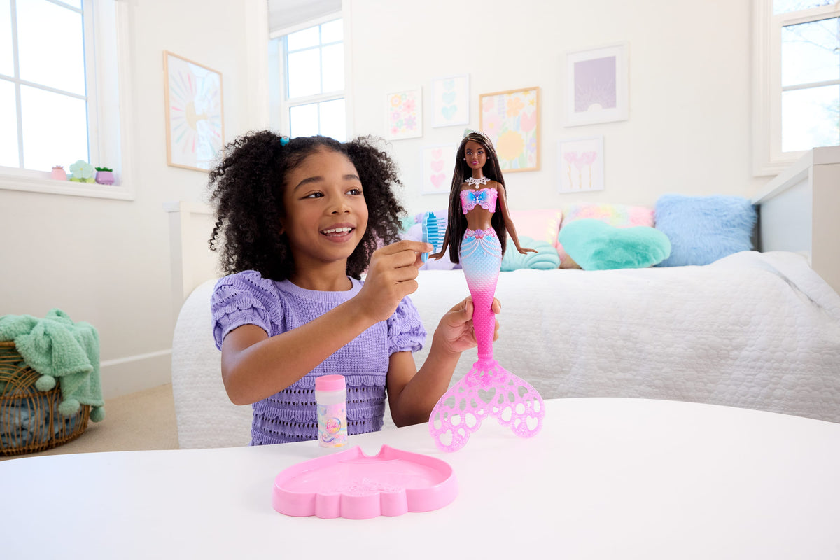 Barbie Bubble Sparkle Mermaid Doll With Bubble-Making Feature, Includes Bubble Solution & Hairbrush