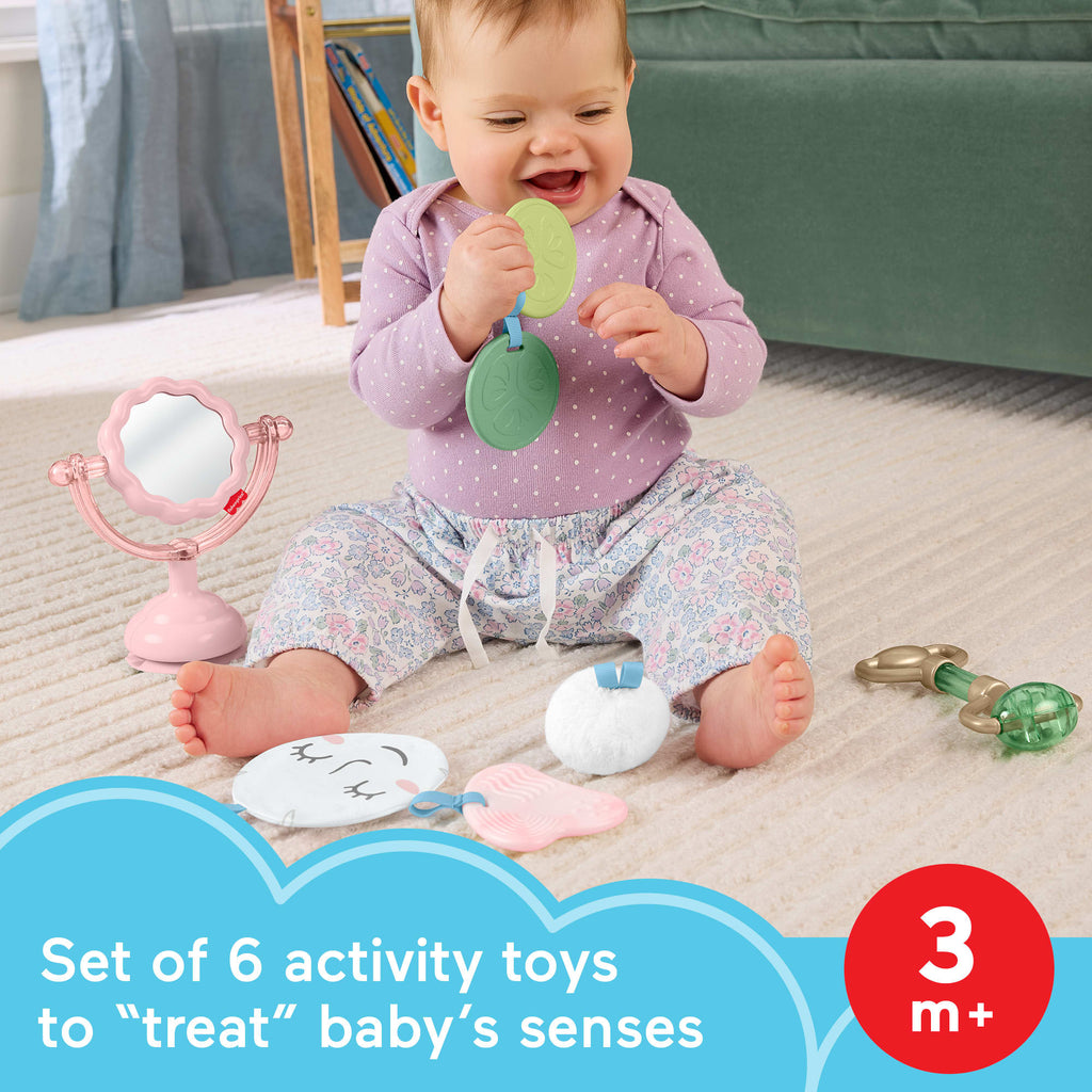 Fisher-Price Mini Me Moments Self-Care Sensory Set, 6-Piece Baby Rattle & Teether Toys