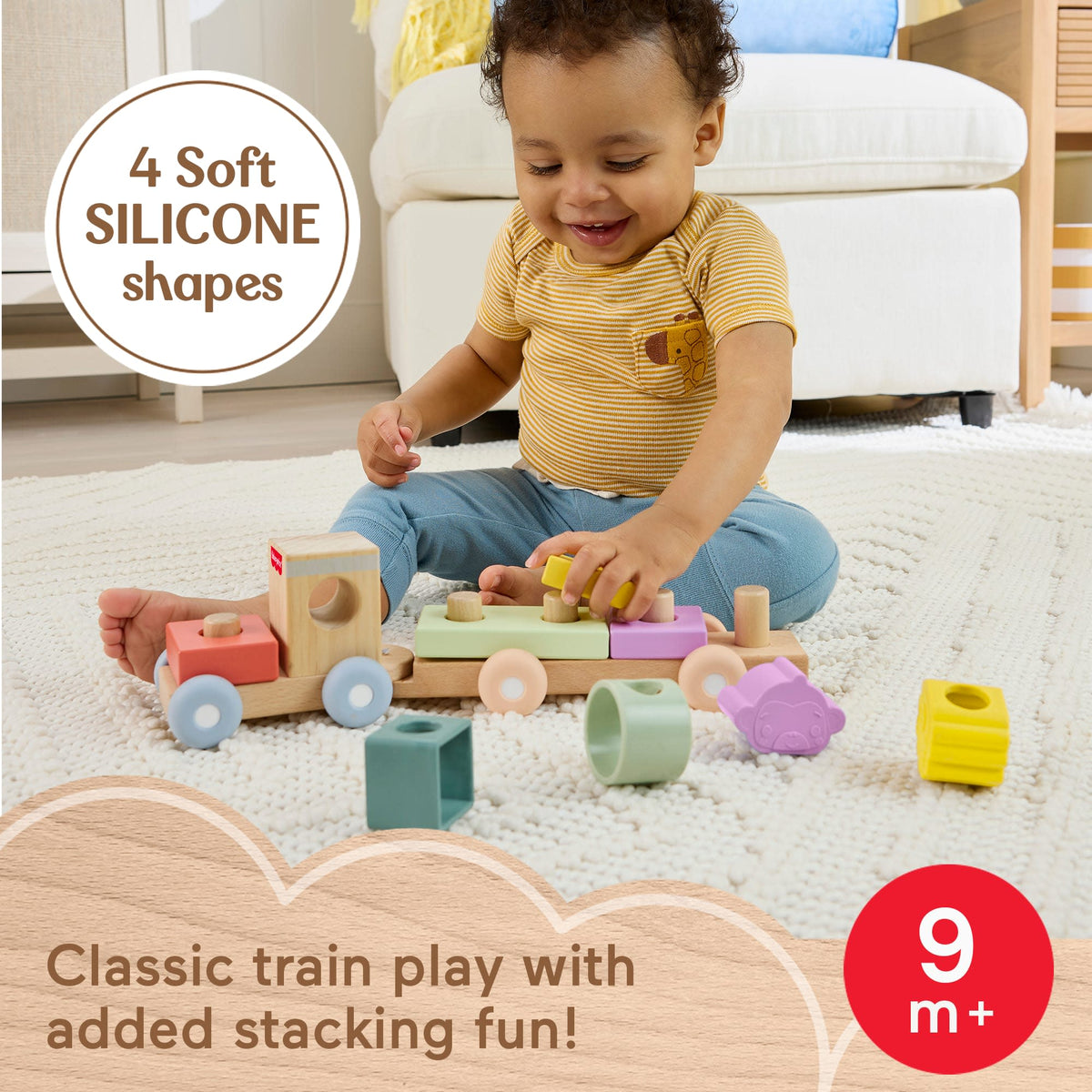 Fisher-Price Wood And Silicone Stacking Train, 9-Piece Baby & Toddler Activity Toy