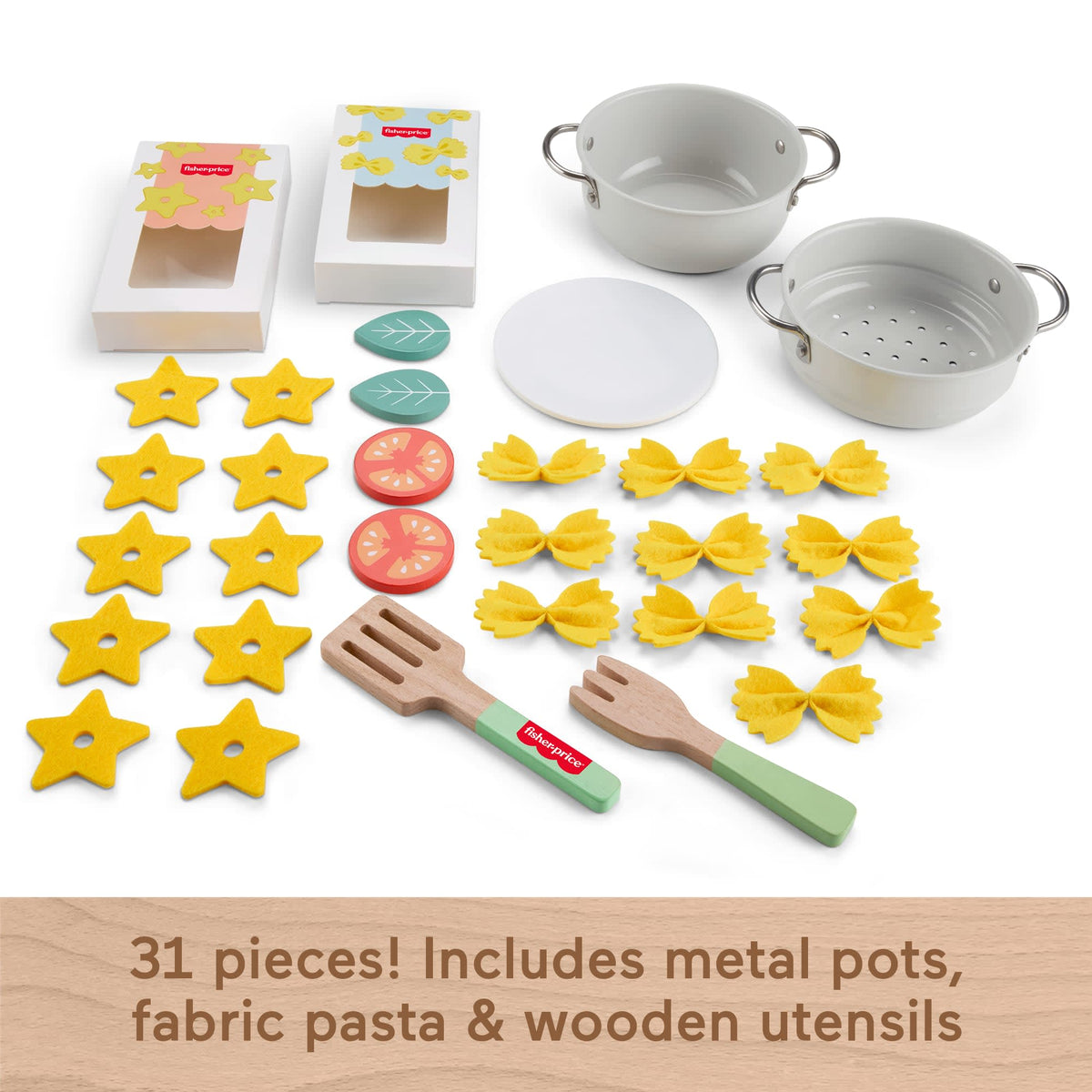 Fisher-Price Pots & Pasta Chef Set, Cooking Toy With Wooden Food For Pretend Play, 31 Pieces