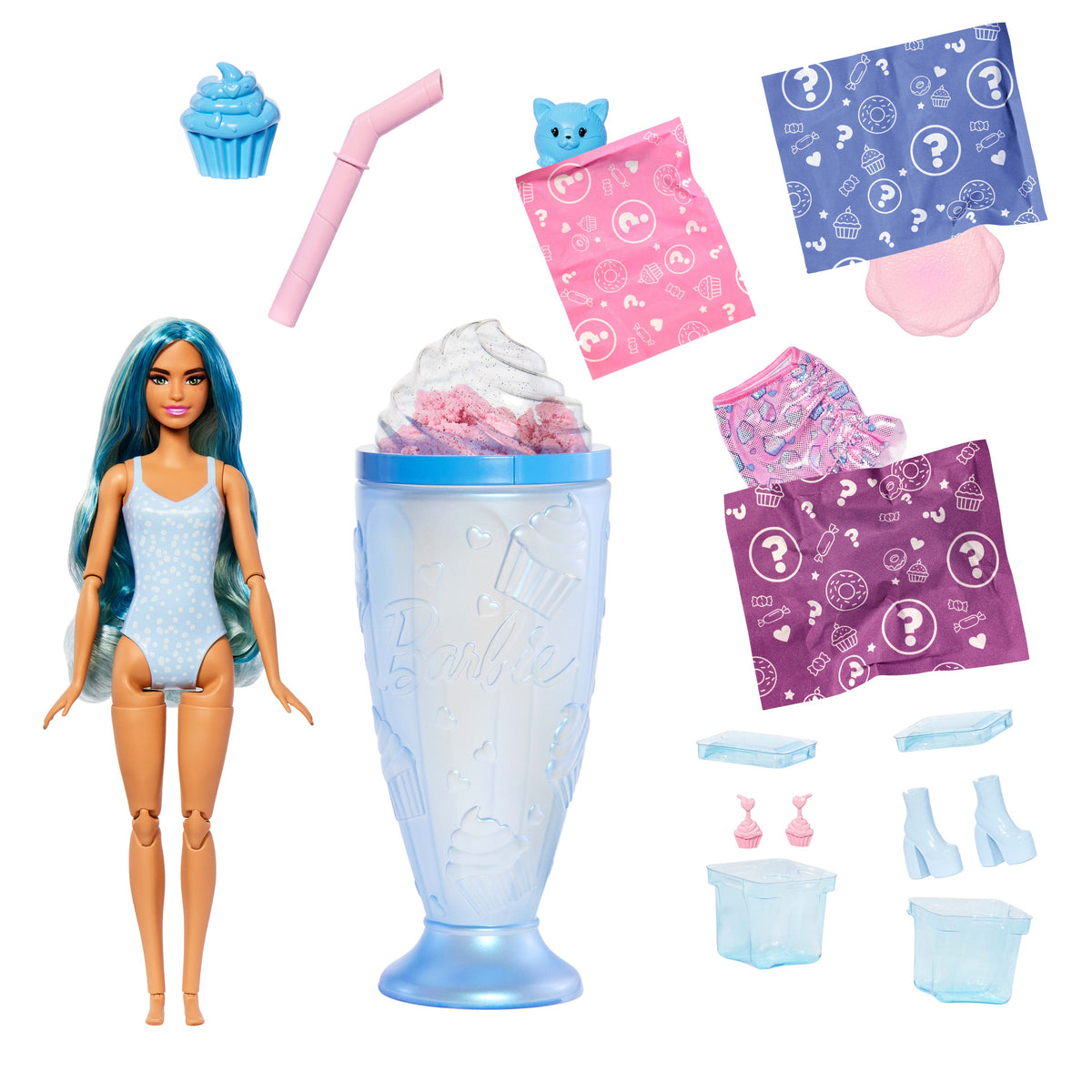 Barbie Pop Reveal Boneca Milk-shakes Copo Azul