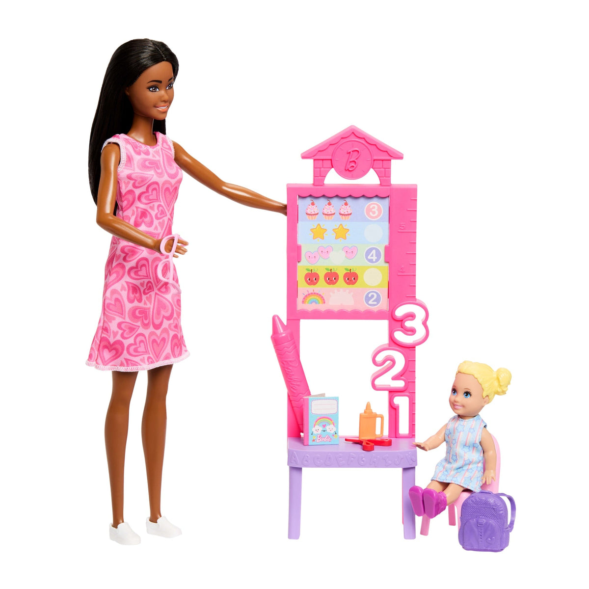 Coffret Barbie Carrières enseignante Avec Poupée Mode, Poupée de Tout-Petit, Tableau Noir et Accessoires