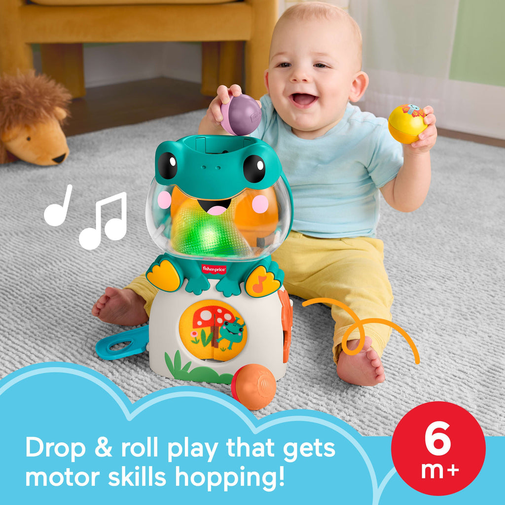 Fisher-Price Light-Up & Roll Frog Musical Ball Drop Activity Toy For Baby & Toddler, 3 Balls