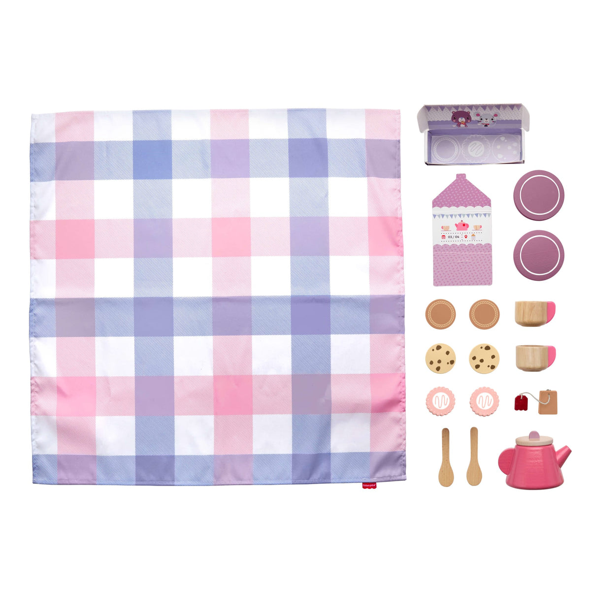 Fisher-Price Wooden Picnic Tea Set For Kids With Blanket, Wood Cups & Saucers, 18 Pieces