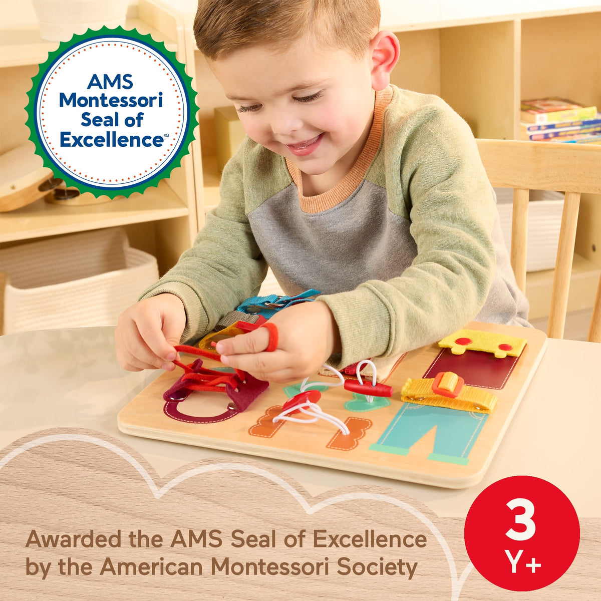 Fisher-Price Montessori Wooden Dressing Busy Board Learning Activity For Kids