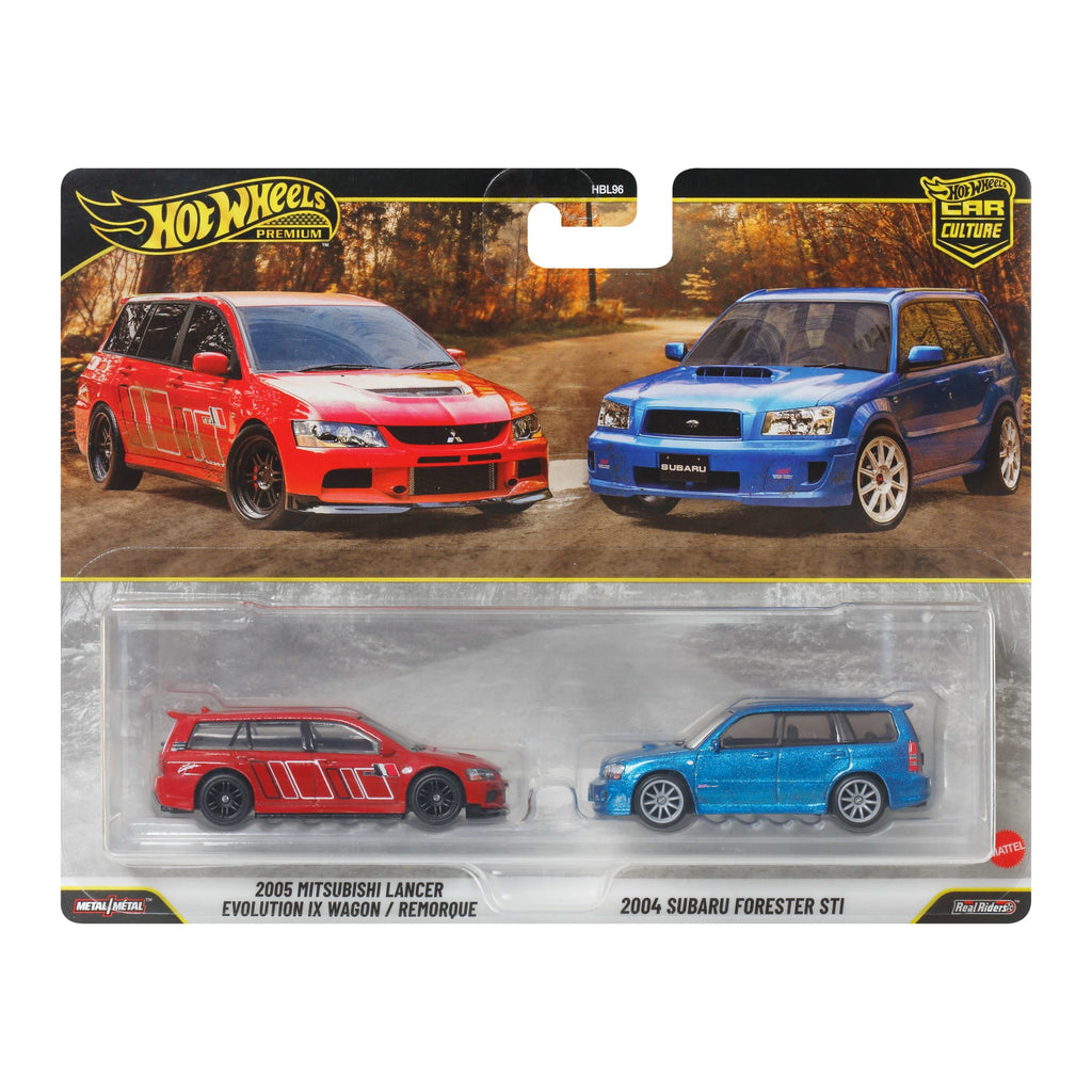 Hot Wheels Premium Kultowe auta 2-pak Mitsubishi Lancer Evolution IX Wagon + Subaru Forester Samochody 1:64 Zestaw autek Zabawki 3+
