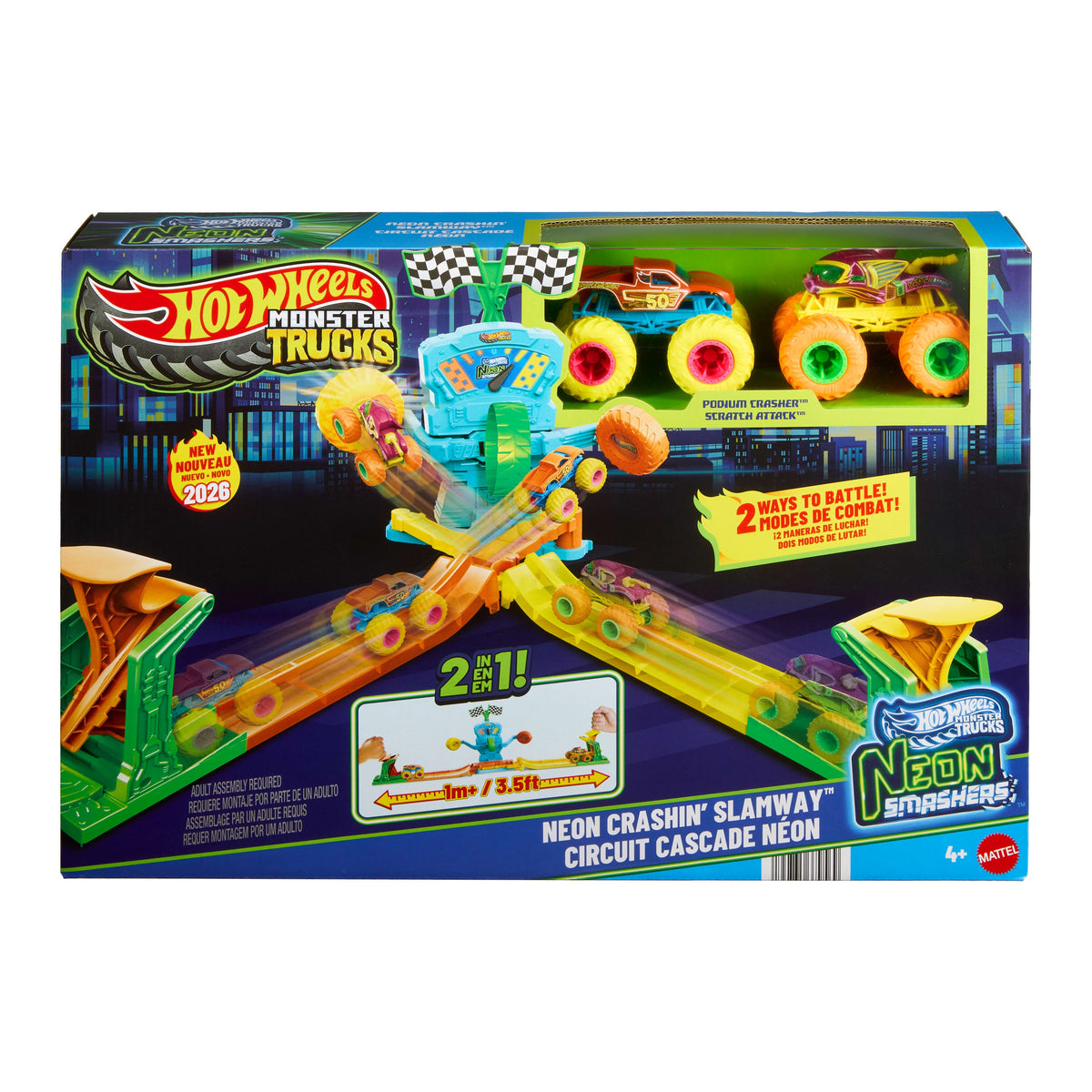 Hot Wheels Monster Trucks Neon Crashin’ Slamway Playset With 2 Toy Vehicles, 2 Ways To Play