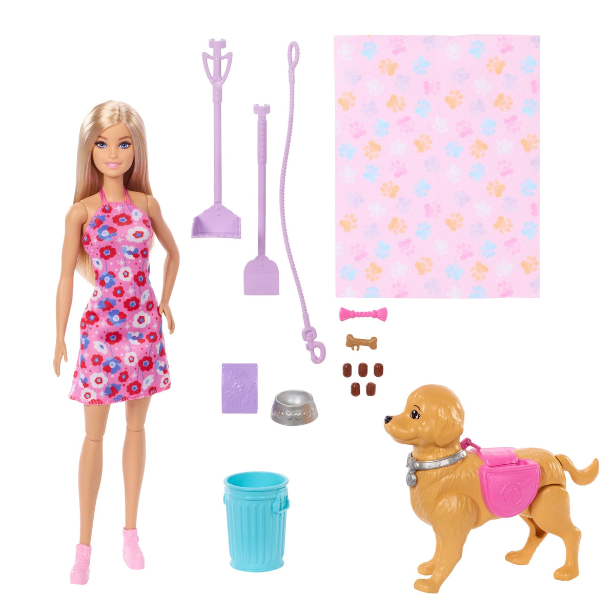 Barbie “Malibu” Walk & Potty Pup Toy Set, includes Doll, Walking Pet Dog With Potty Feature, & Accessories