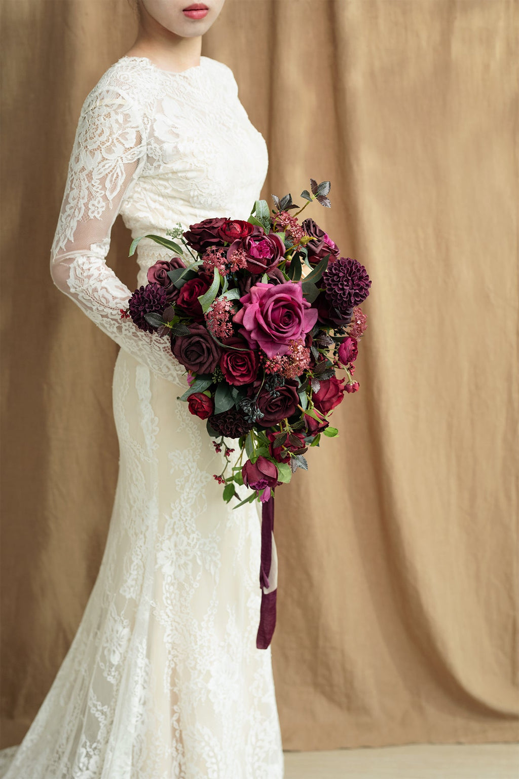 Small Cascade Bridal Bouquet in Bordeaux Red & Wine