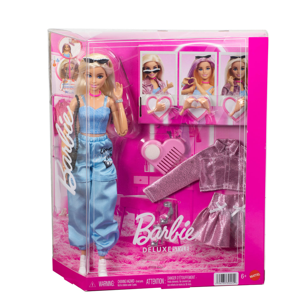 Barbie Deluxe Style Doll With 4 Fashions, 4 Accessories, 4 Interchangeable Hands & Color Change Hair