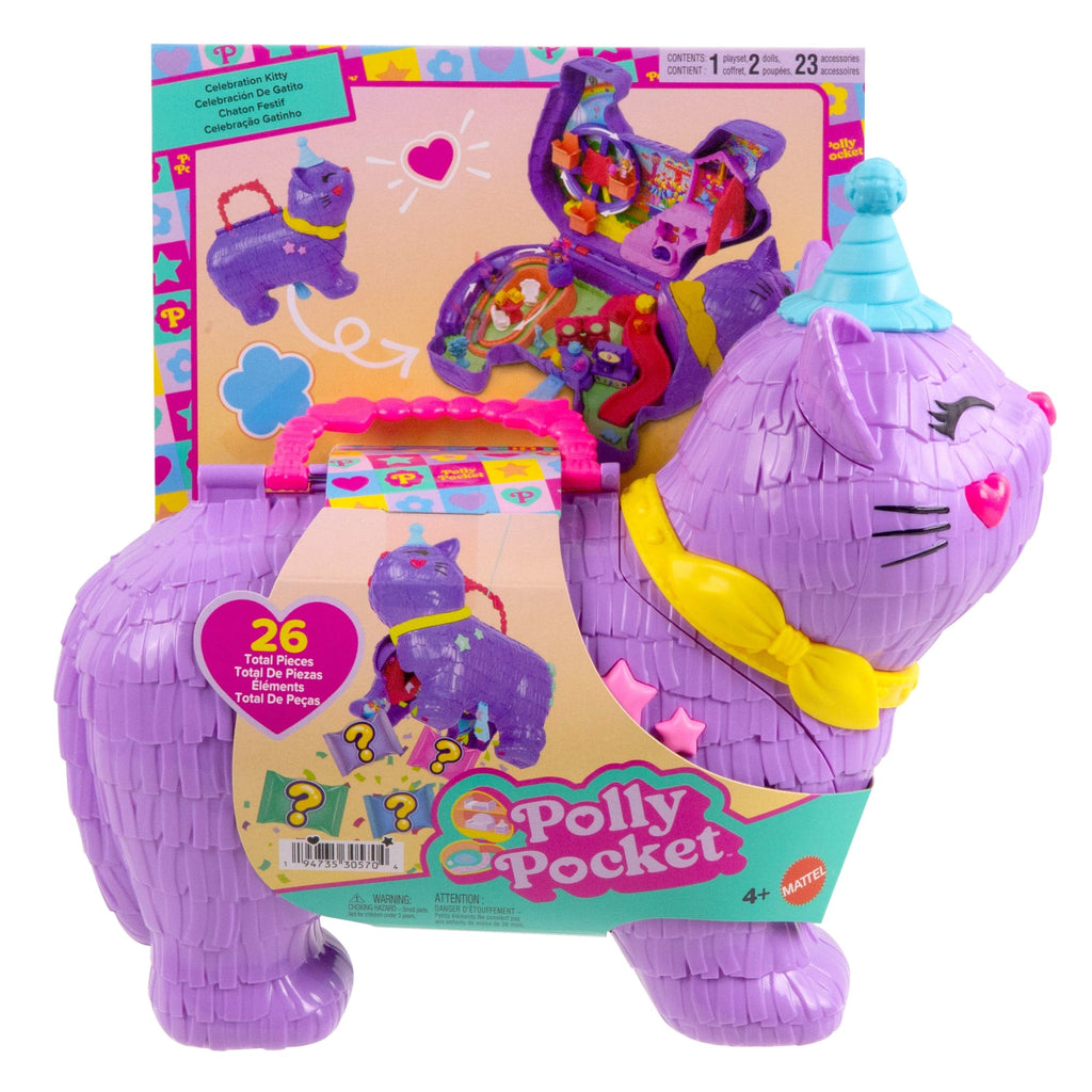 Polly Pocket Celebration Kitty Playset With 2 Micro Dolls, 23 Surprise Accessories including Pets, Birthday Party With Ferris Wheel Ride