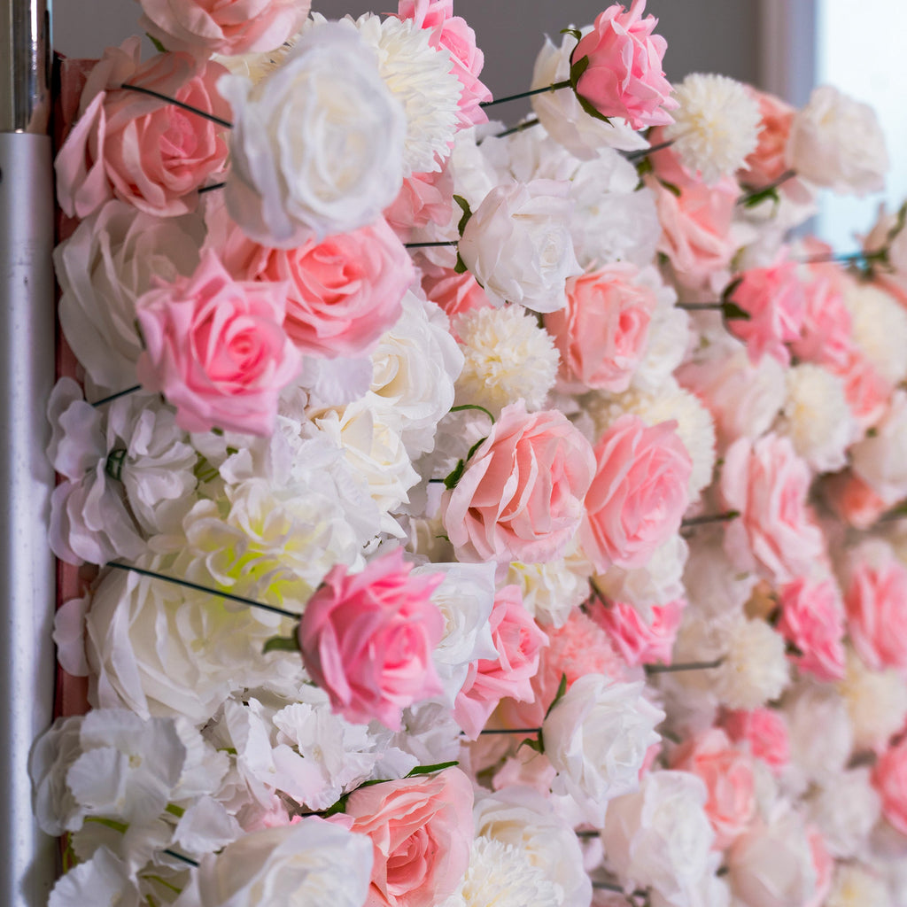 Valar Flowers' Exquisite Flower Wall: A Blend of Elegance and Durability with Soft Pink and White Artificial Blooms. Ideal for Weddings and Events. Easy Setup-VF-409