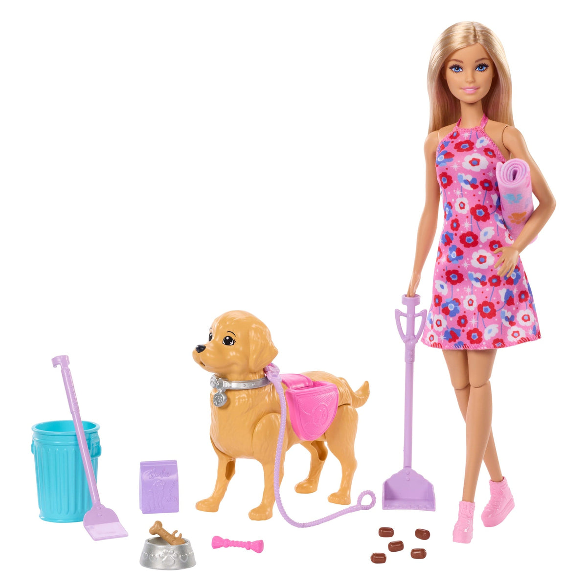 Barbie “Malibu” Walk & Potty Pup Toy Set, includes Doll, Walking Pet Dog With Potty Feature, & Accessories
