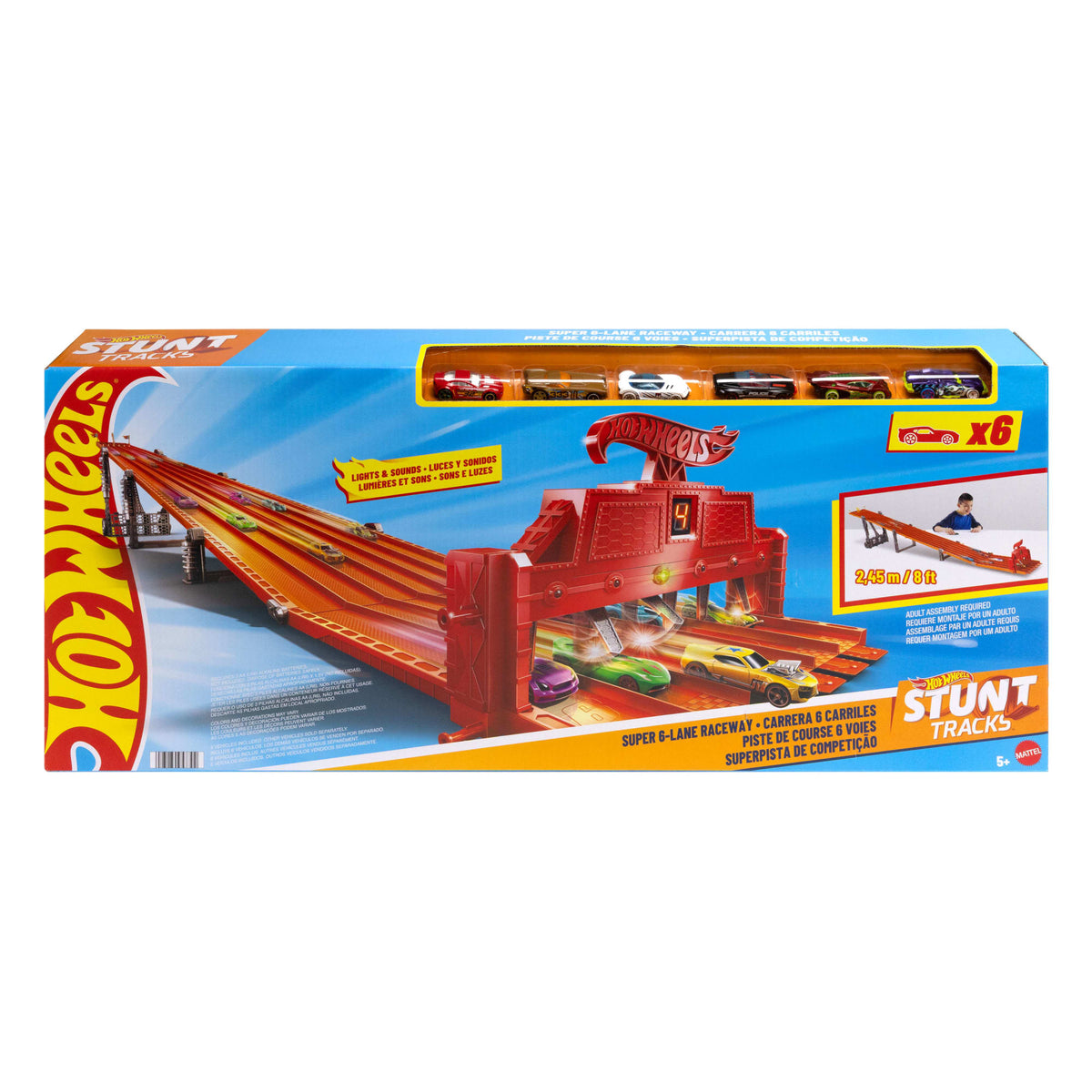 Hot Wheels Super 6-Lane Raceway, 8-Ft Track With 6 Toy Cars in 1:64 Scale