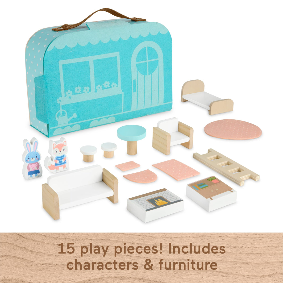 Fisher-Price Wooden Carry Along Dollhouse Portable Playset For Preschool Kids, 15 Pieces