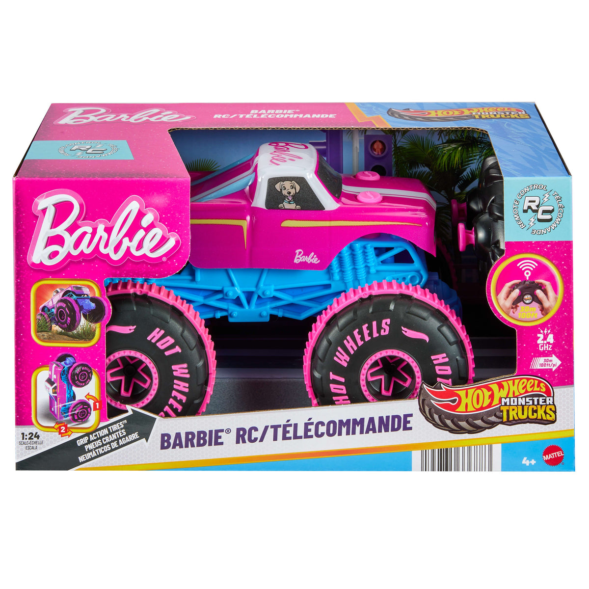 Hot Wheels Monster Trucks 1:24 Scale Barbie RC Toy Vehicle, Battery-Powered Remote-Control Truck