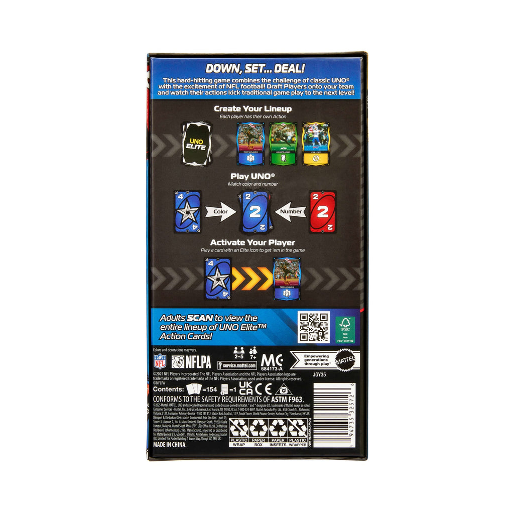 UNO Elite NFL Card Game 2025 Alt Jerseys Edition Starter Pack With 4 Booster Packs & 2 Promo Cards