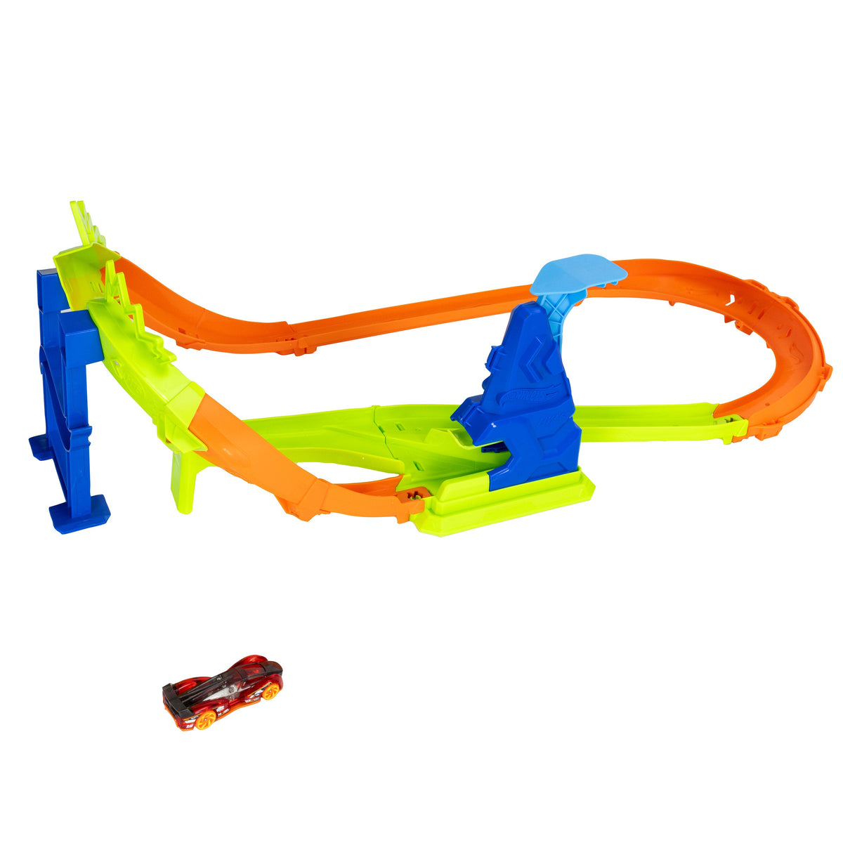 Hot Wheels Stunt Tracks Jump Circuit Speedway With 1:64 Scale Die-Cast Toy Car, 180-Degree Curve