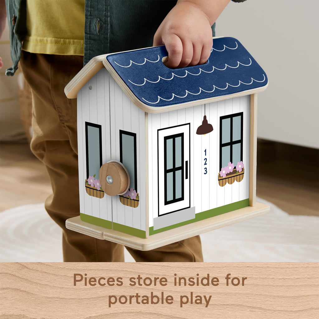 Fisher-Price Wooden On-The-Go Play House Dollhouse With 6 Play Pieces For Preschool Kids