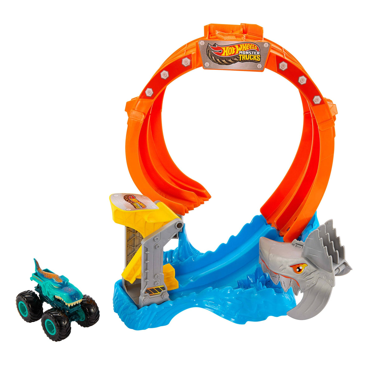 Hot Wheels Monster Trucks Corkscrew Shark Smash Track Set & 1:64 Scale MEGA-Wrex Toy Truck