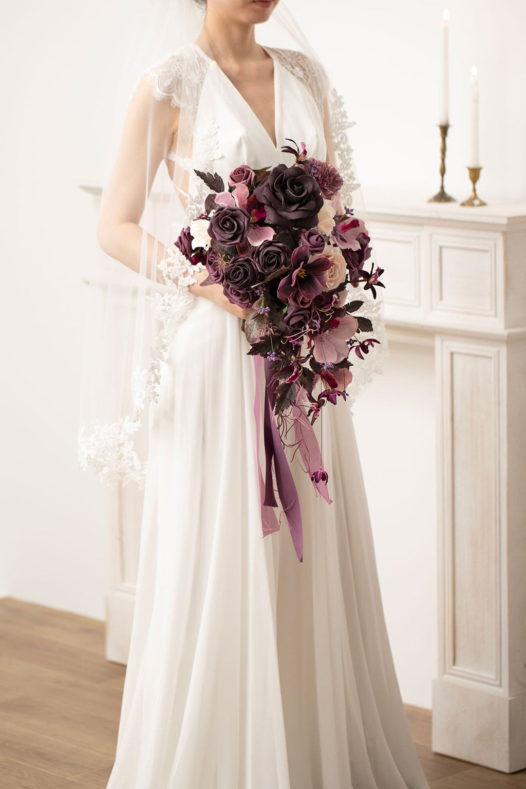 Small Cascade Bridal Bouquet in Plum Velvet Wedding