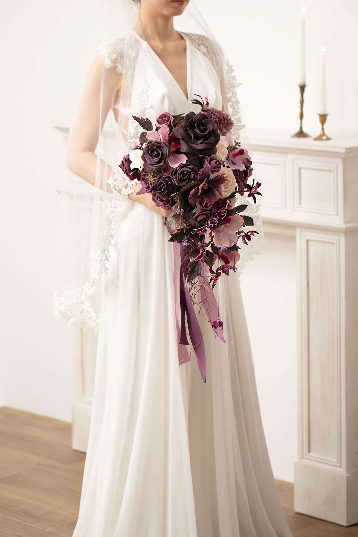 Small Cascade Bridal Bouquet in Plum Velvet Wedding