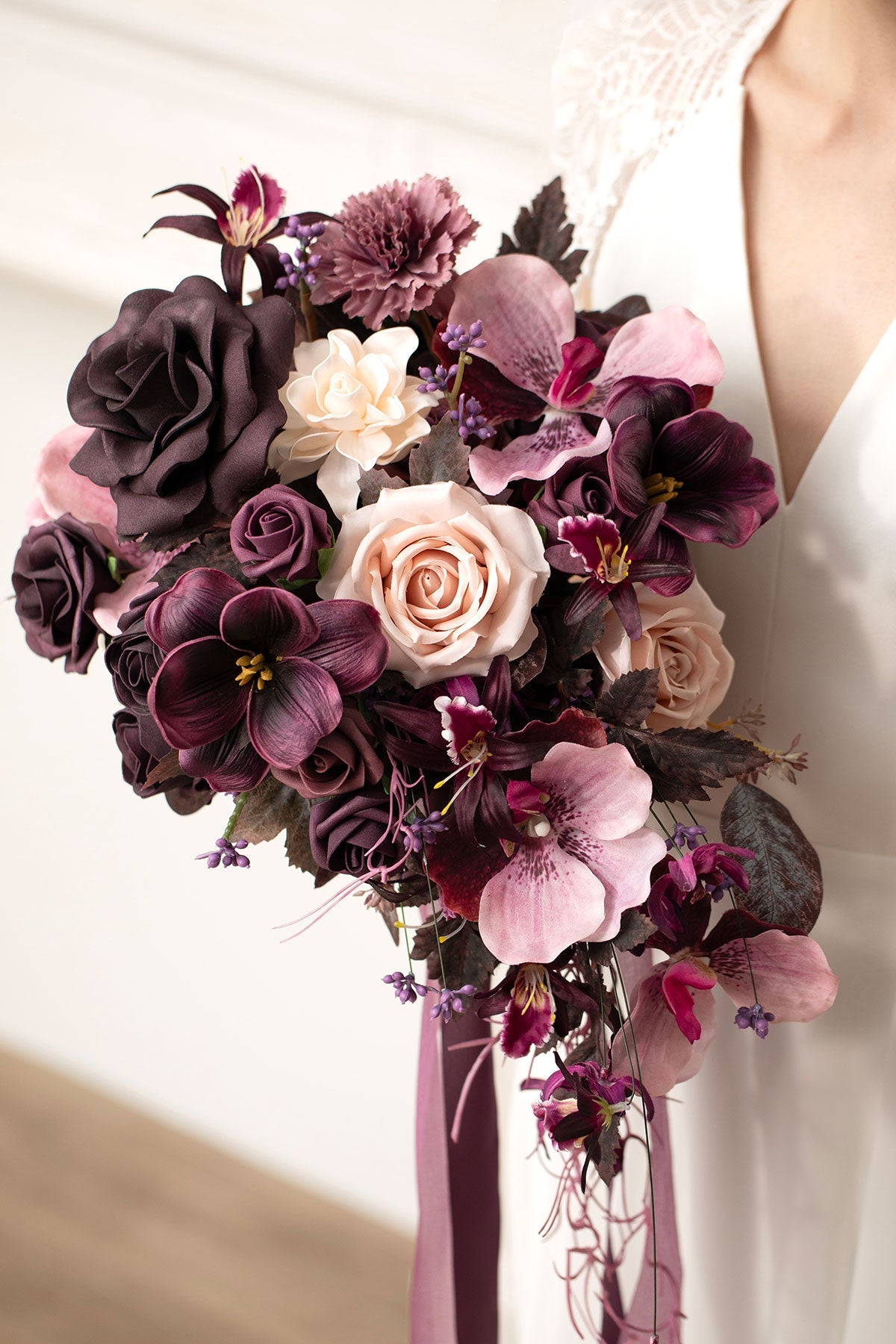 Small Cascade Bridal Bouquet in Plum Velvet Wedding