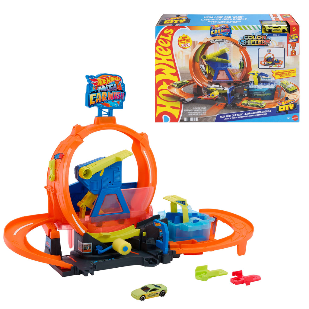 Hot Wheels City MEGA Loop Car Wash Playset & 1 Hot Wheels Color Shifters in 1:64 Scale