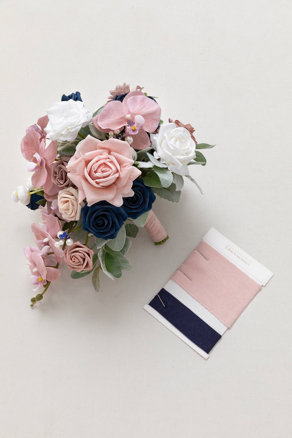 Small Cascade Bridal Bouquet in Dusty Rose & Navy