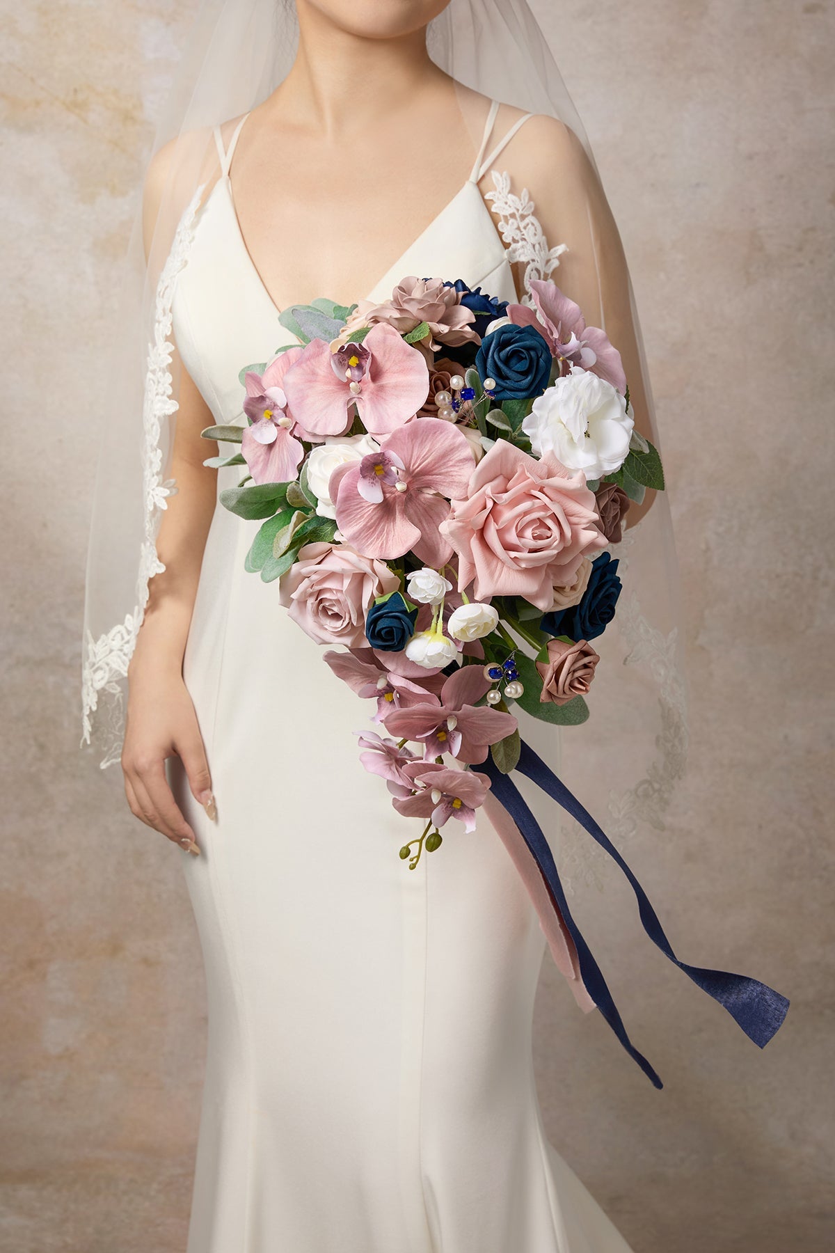 Small Cascade Bridal Bouquet in Dusty Rose & Navy