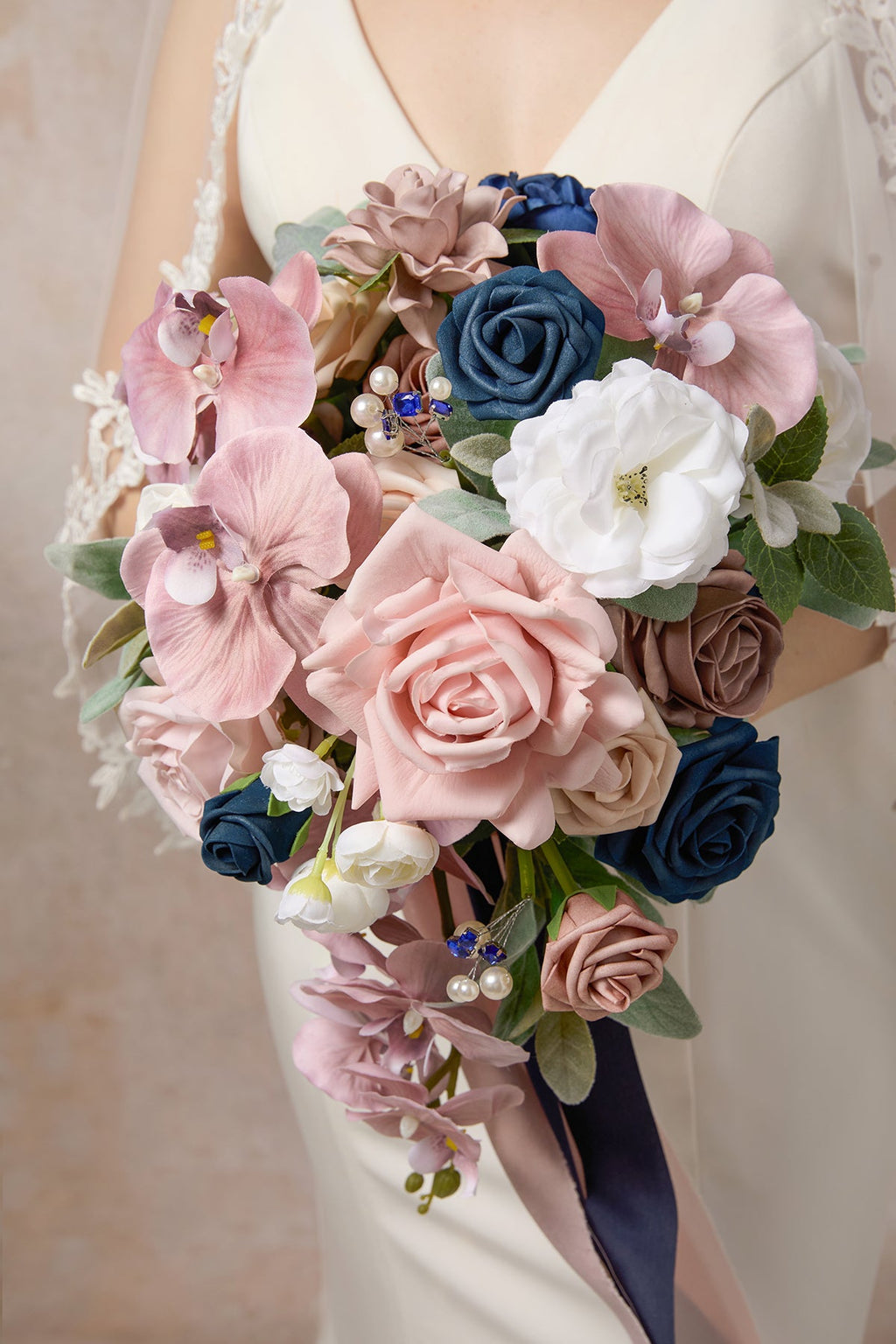 Small Cascade Bridal Bouquet in Dusty Rose & Navy