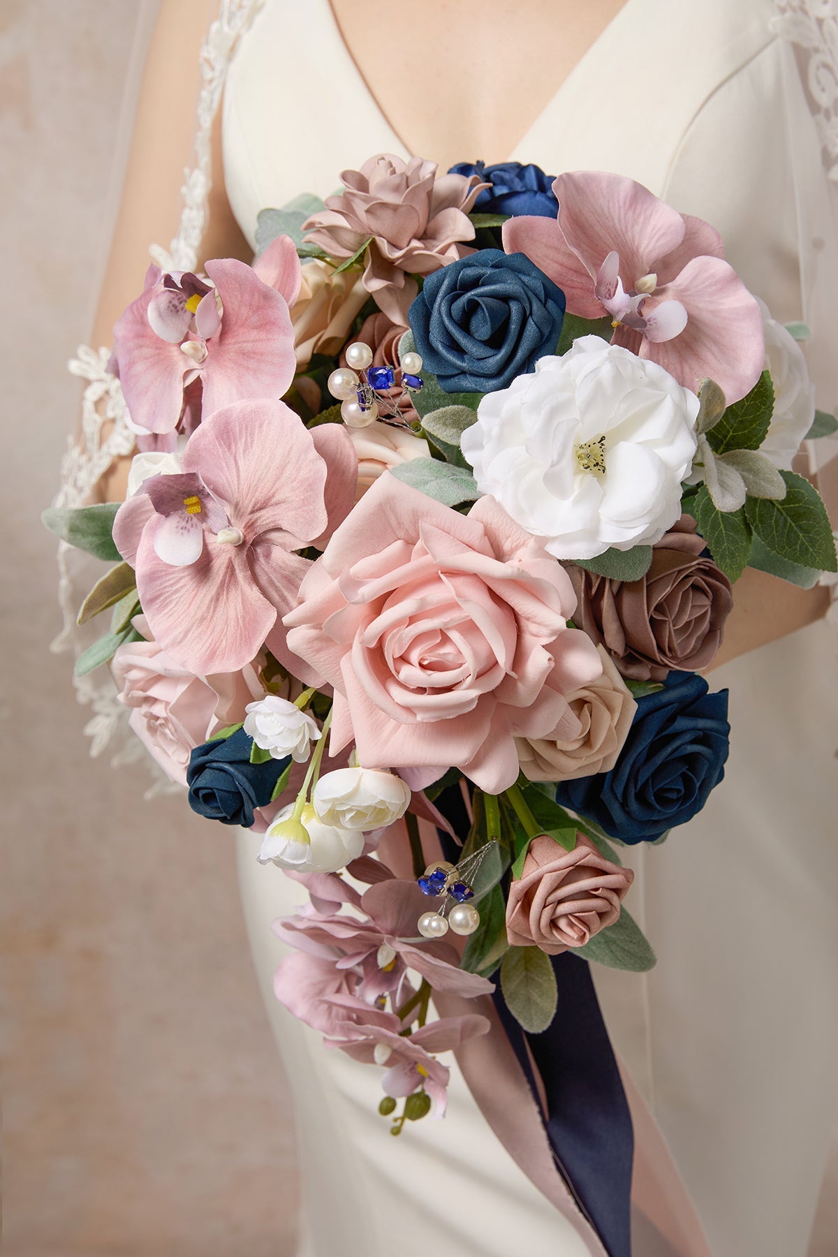 Small Cascade Bridal Bouquet in Dusty Rose & Navy